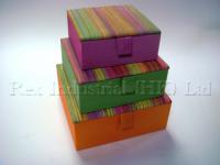 Set of 3 square colourful stripe fabric box with hinged lid and magnetic button 